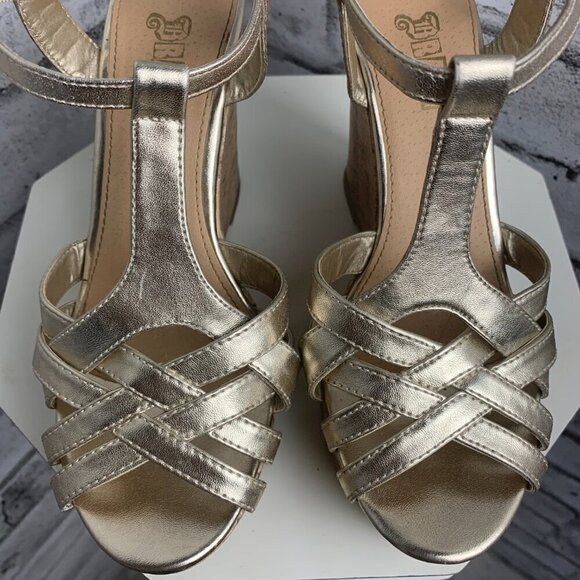 Brash Y2K Strappy Metallic Gold Cork Platform Wedge Open Toe Sandals - Picture 4 of 11
